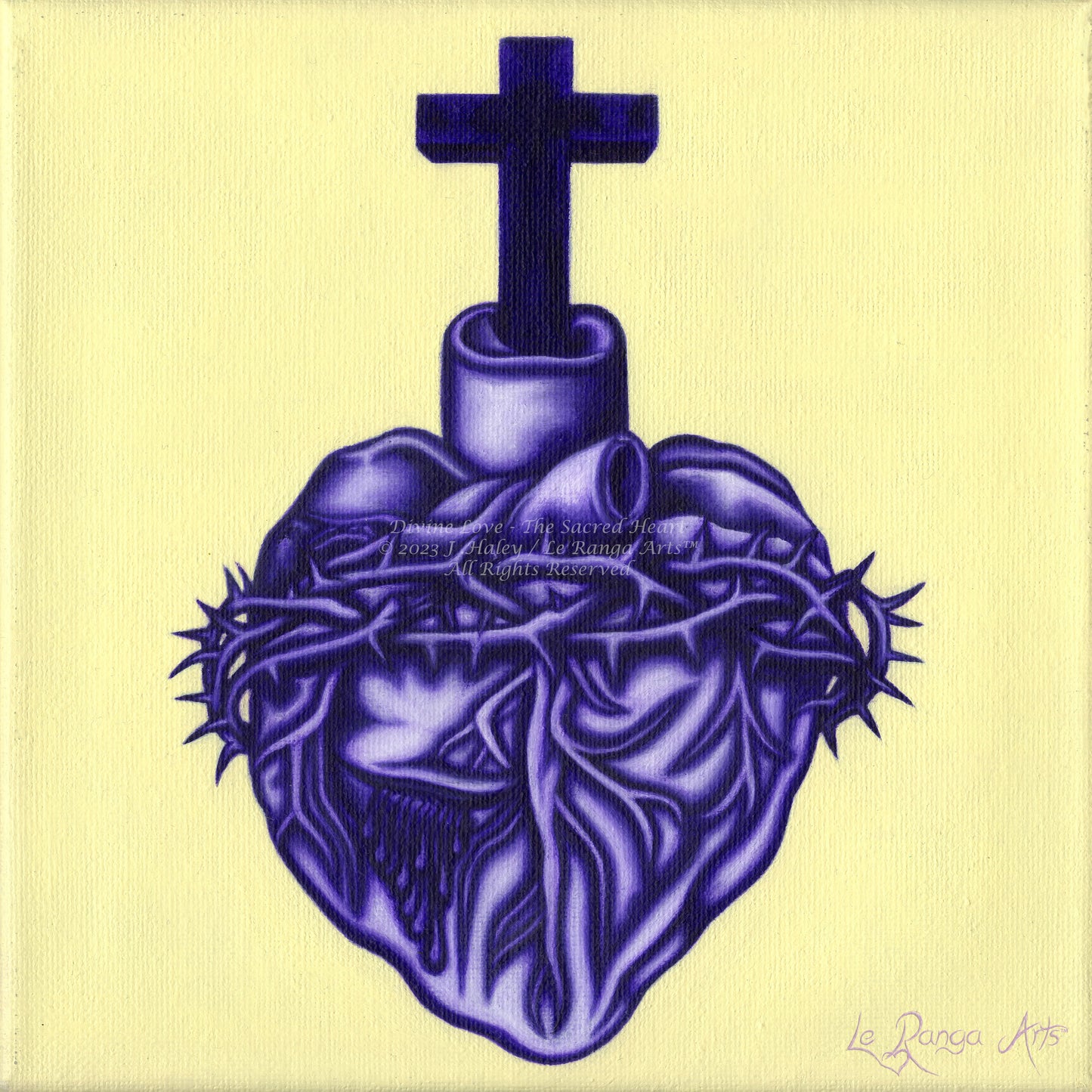 Purple heart with cross and thorns on a yellow background