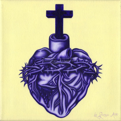 Purple heart with cross and thorns on a yellow background